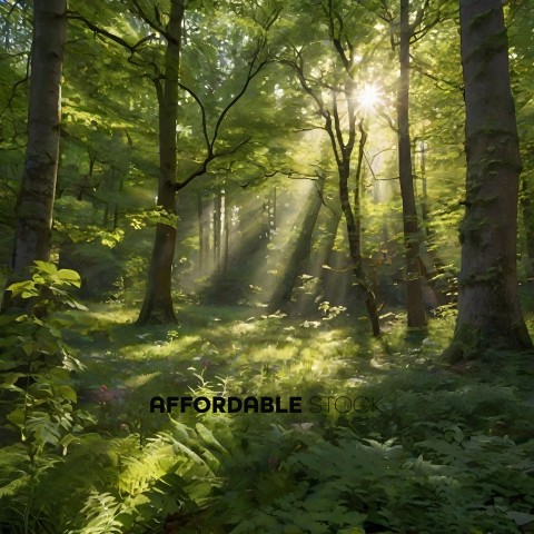 A forest with sunlight streaming through the trees