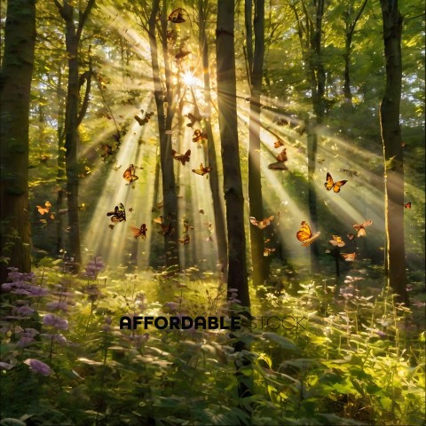 Sunlight shining through trees with butterflies