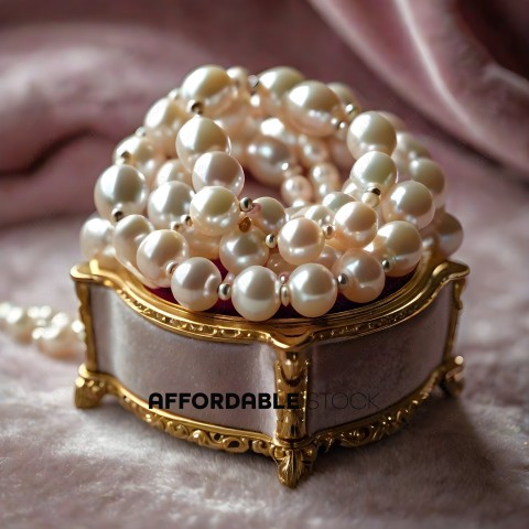 A gold and white pearl necklace in a box