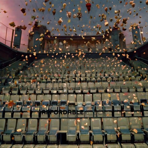 A stadium full of seats with confetti flying