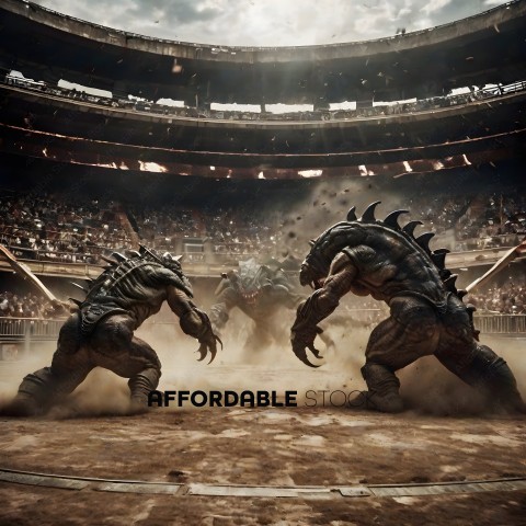 Two monsters fighting in a stadium