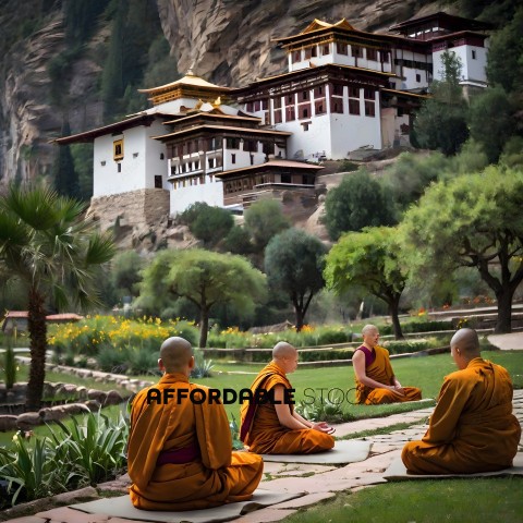 Four Buddhist monks in orange robes sitting in a garden
