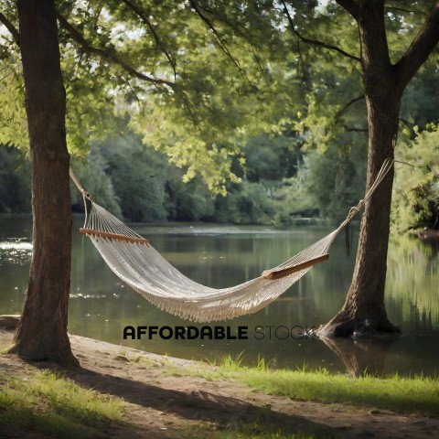A hammock sits in a serene setting by a lake