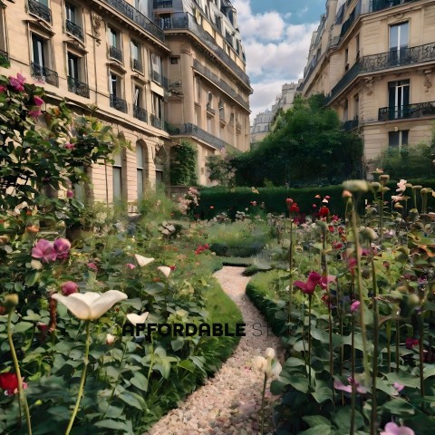 A beautiful garden with a pathway between buildings