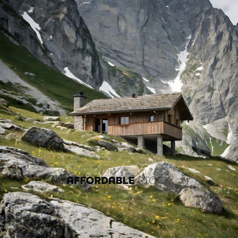 A small wooden house sits on a hillside with a mountain in the background