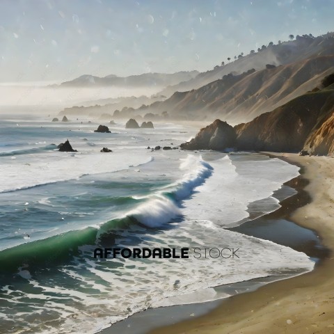A beautiful beach with a large wave crashing on the shore