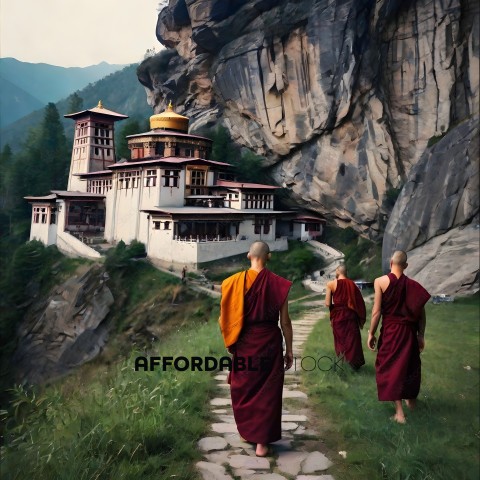 Three monks walking on a path in front of a large building