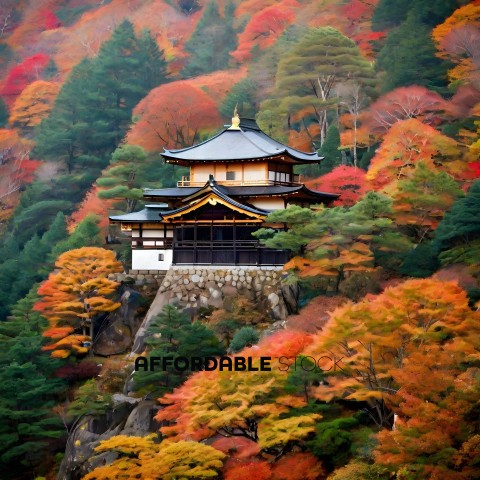 A beautiful temple with a red roof in the middle of a forest