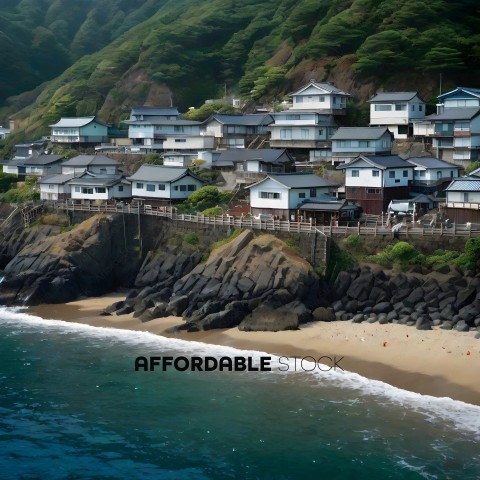A beautiful beach with houses on the cliff