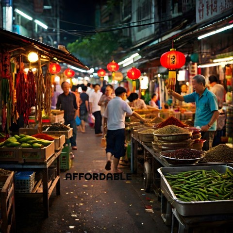 A crowded Asian market with a man in a blue shirt reaching for something