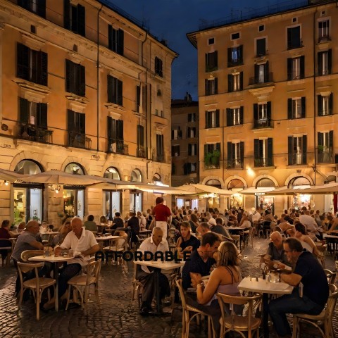 People dining outside at night in a city