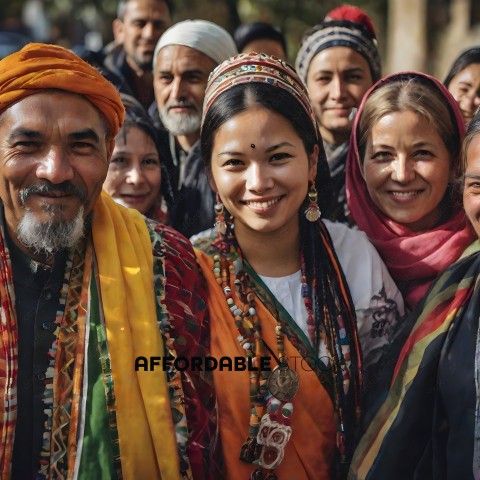 A group of people wearing colorful scarves and clothing