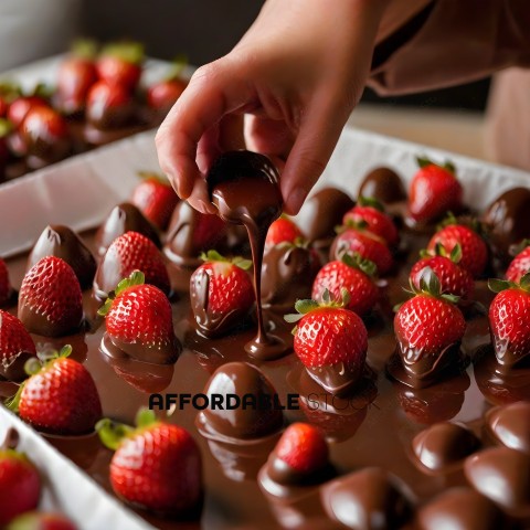 A person pouring chocolate on strawberries