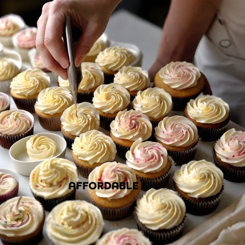 A person decorating cupcakes with frosting and sprinkles