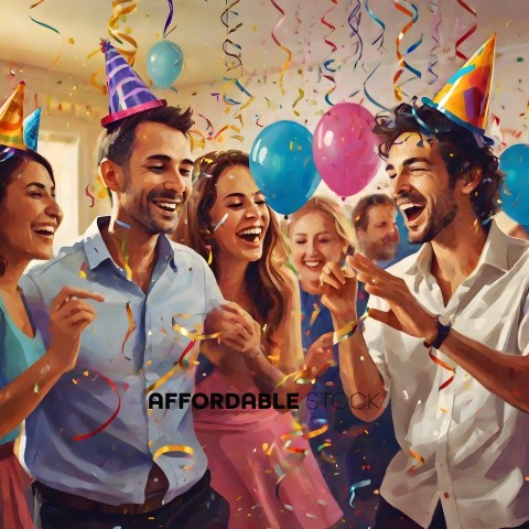 A group of people celebrating a birthday with balloons and confetti