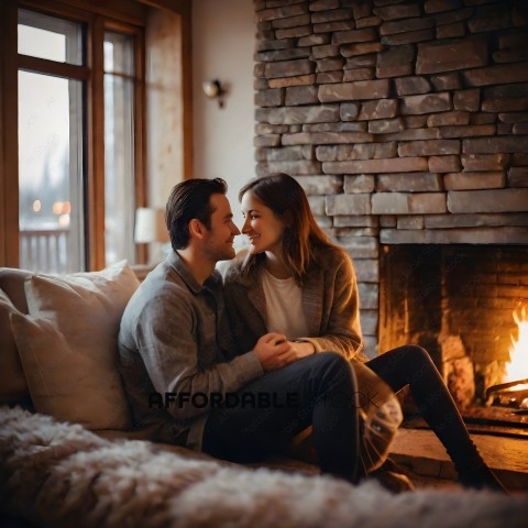 A couple sitting on a couch in front of a fireplace