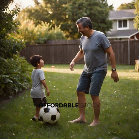 Man and child playing with soccer ball in yard