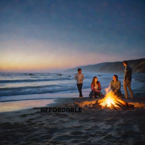 Four friends sit around a fire on the beach at sunset