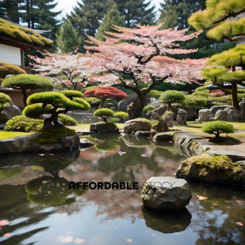 A Japanese garden with a pond and trees