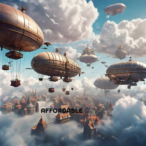 A city with hot air balloons and airships