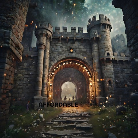 A fantasy painting of a castle with a pathway leading to it