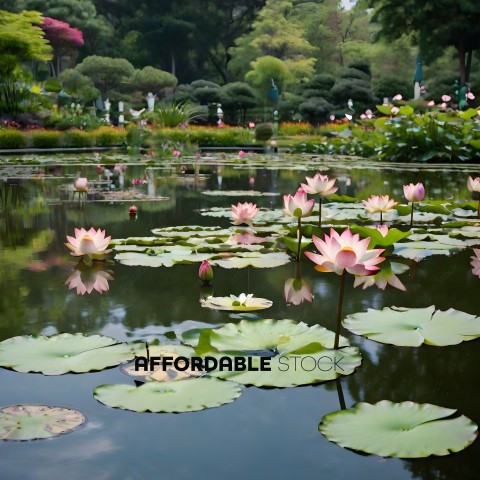 A pond with lilies and other plants