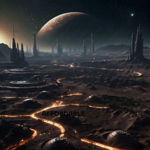 A futuristic city with a red planet in the background