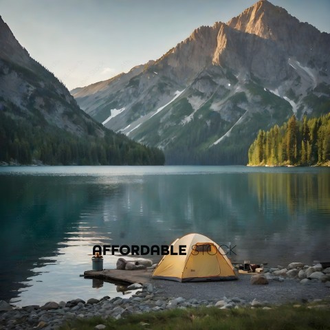 A tent is set up on a rocky shore with a mountain in the background