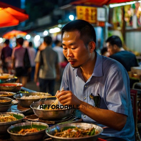 Asian man eating noodles at an outdoor food stand