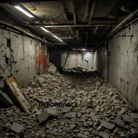 A dark, dirty room with rubble on the floor