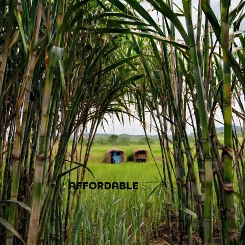 Two people in a field with grass and bamboo