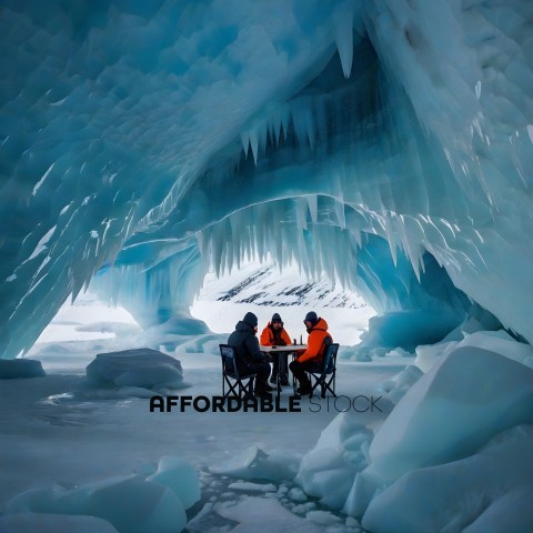 Three people in orange jackets sit in a snowy cave