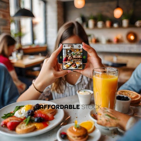 A woman taking a picture of her food with a cell phone