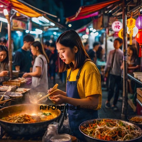 A woman in a yellow shirt prepares food at an outdoor market