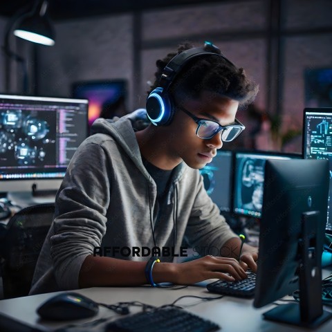 A young man wearing headphones and glasses is working on a computer
