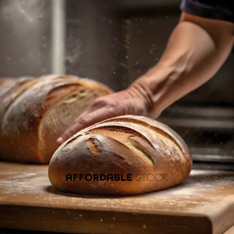 A person is touching two loaves of bread