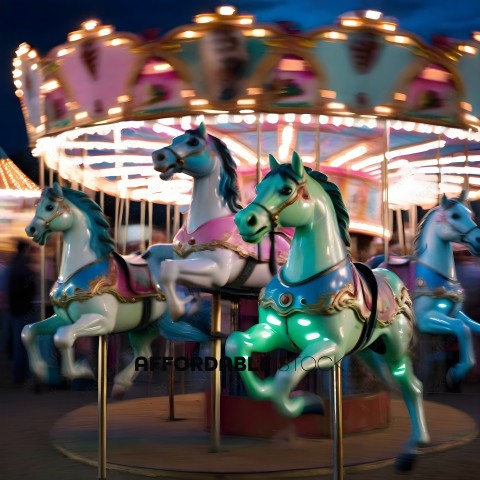 A carousel with four horses, one pink, one blue, one green, and one white