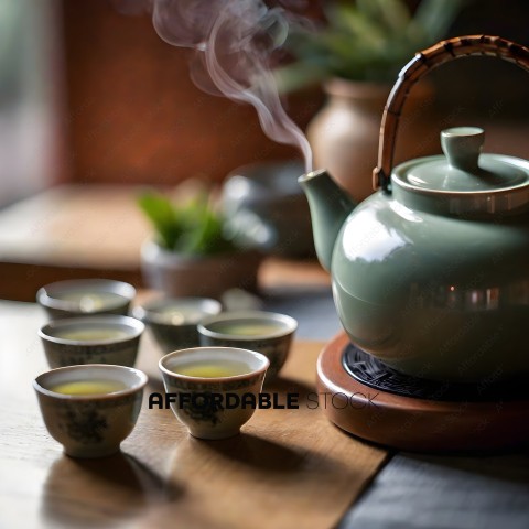 A green tea kettle with a wooden base