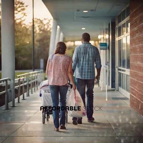 A couple pushing a stroller through a hospital