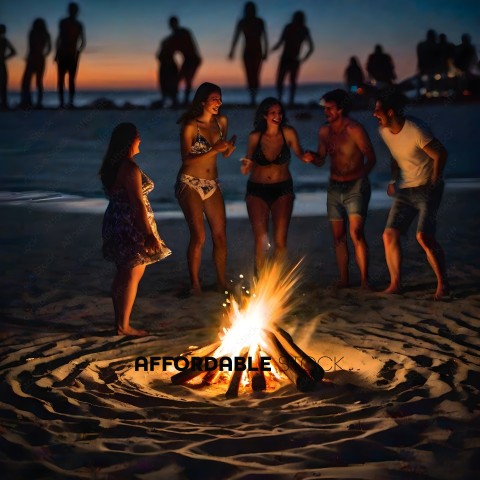 A group of people are gathered around a fire on the beach