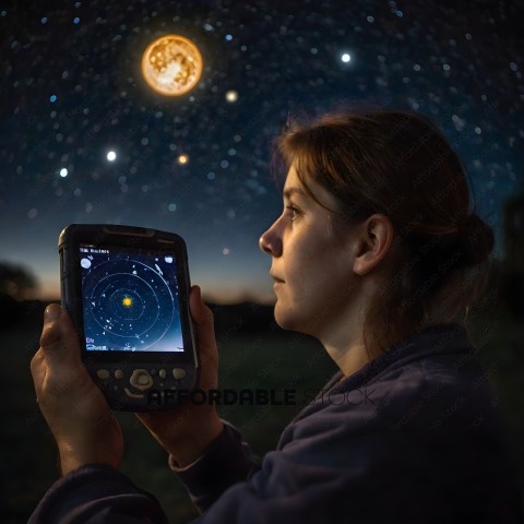 A woman looking at the sky with a device