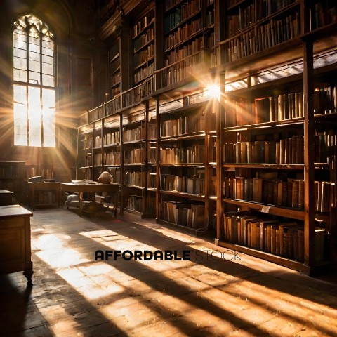 A library with a wooden bookshelf and sunlight streaming through the window