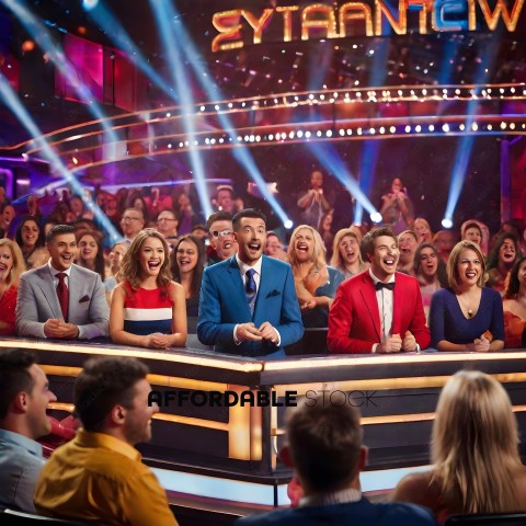 Audience watching a game show with a man in a blue suit