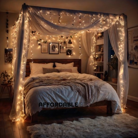 A cozy bedroom with a white bed and white fur bedspread