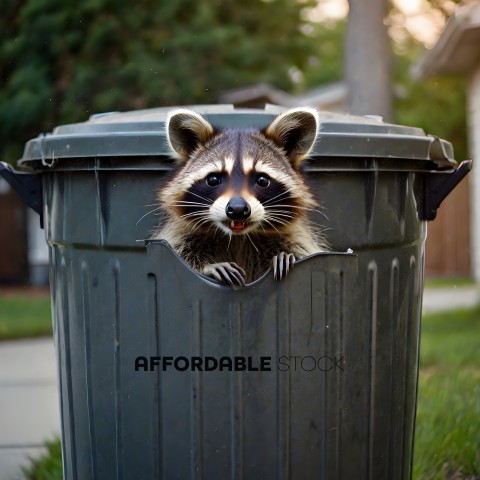 A small animal peers out from a trash can