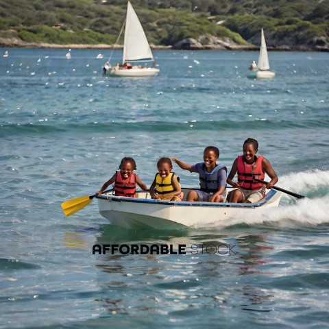 Four people in a small boat with a yellow paddle