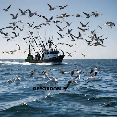 A boat with a fishing pole on it surrounded by seagulls