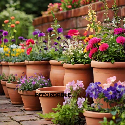 Potted Flowers in Pink, Purple, Yellow, Green, and White