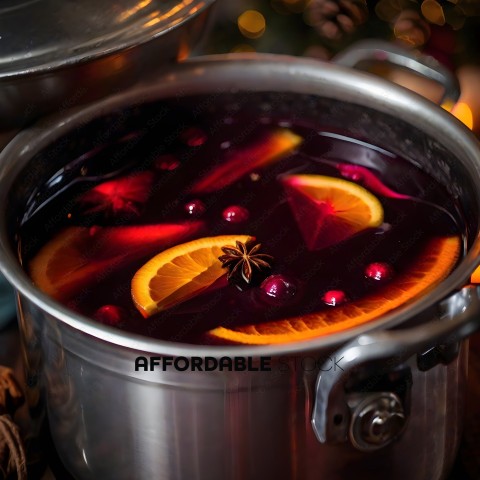 A silver pot filled with a red liquid containing orange slices and spices
