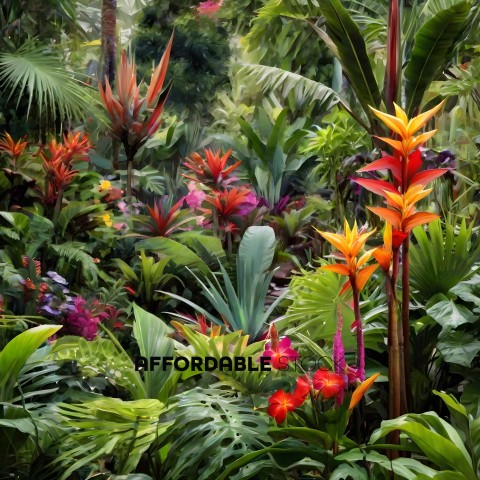 A vibrant tropical jungle with a variety of flowers and plants